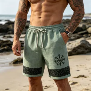Men's linen-blend beach shorts with Viking print, elastic drawstring waist, casual summer streetwear.