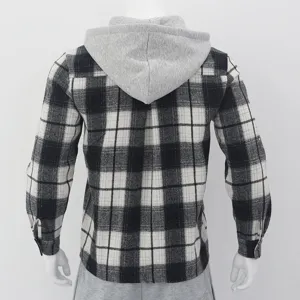 Mens vintage black white plaid flannel hooded shirt casual long sleeve jacket tops