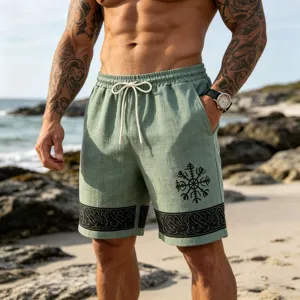 Men's linen-feel casual beach shorts featuring Viking rune prints and elastic drawstring waist.