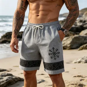 Men lightweight linen beach shorts with Viking totem print and elastic drawstring waist detail.