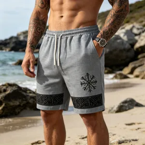 Men's grey beach shorts with Viking totems, casual drawstring elastic waist summer apparel.
