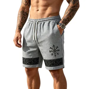 Mens grey linen blend casual shorts with Viking totem print, elastic drawstring beach style.