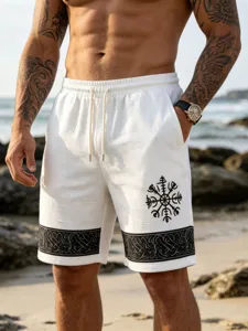 Men white linen beach shorts elastic drawstring waist viking totem print casual summer vacation