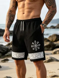 Men's casual linen-blend beach shorts with Viking rune totem print, elastic drawstring waist.