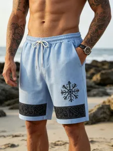 Men light blue linen-feel beach shorts with Viking rune print, elastic drawstring waist.