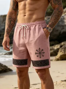 Men's pink linen-feel beach shorts with Viking compass print and comfortable drawstring.