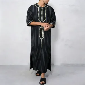 Men's casual striped long thobe with embroidered V-neck and short sleeves for summer daily wear.