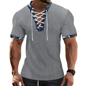 Men's grey ribbed short-sleeve V-neck t-shirt with lace-up and printed trim details.