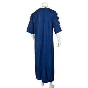 Men summer traditional loose striped long thobe robe with yellow trim casual wear