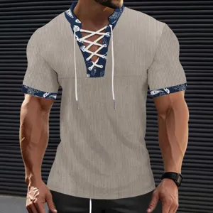 Men summer casual ribbed short sleeve V-neck lace-up t-shirt with patterned trim.