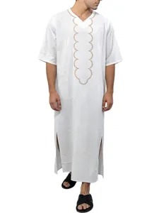 Men's Traditional Long Robe Casual Loose V-Neck Half Sleeve Digital Print Thobe Ethnic Summer Middle Eastern Kaftan
