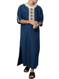 Men's traditional vertical striped long thobe kaftan with embroidered v-neck and half sleeves.