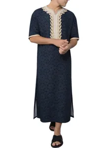 Men's long sleeve V-neck traditional robe with geometric print and embroidery detail main view