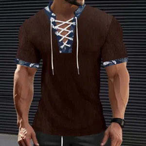 Men corduroy v-neck short sleeve t-shirt casual lace up tee detail view closeup stylish summer.