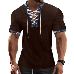 Men's brown corduroy V-neck lace-up short sleeve t-shirt casual slim fit top detail view