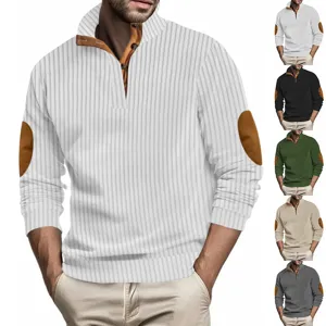 Men casual stand collar long sleeve sweatshirt with elbow patches and quarter zip.