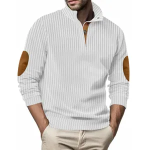 Men's casual long sleeve stand collar striped sweatshirt with stylish retro elbow patches.