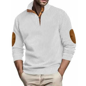 Men's casual slim fit stand collar long sleeve sweatshirt with elbow patches and buttons.