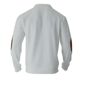 Back detail view of men's slim fit jacquard striped long sleeve sweatshirt with elbow patches.