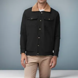 Men fleece-lined cotton utility jacket detail view, warm winter casual outerwear coat.