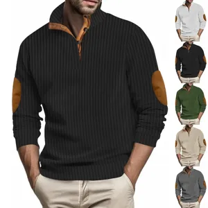 Men's ribbed knit long sleeve sweater detail view showcasing button collar and elbow patches.