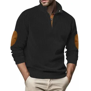 Men's stand collar ribbed long sleeve pullover sweater with contrast elbow patches detail view.