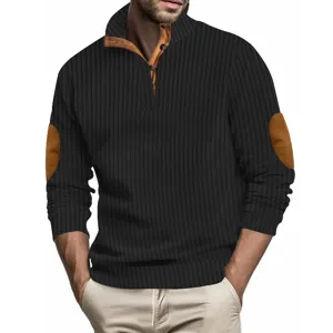 Close-up detail of men ribbed long sleeve pullover shirt with contrast elbow patches.