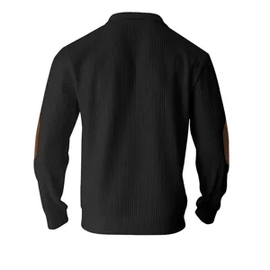 Detailed back view of men's black knit jacket featuring contrast elbow patches and ribbed collar.