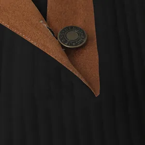 Men's casual jacket detail shot, jacquard striped fabric with contrast leather trim.