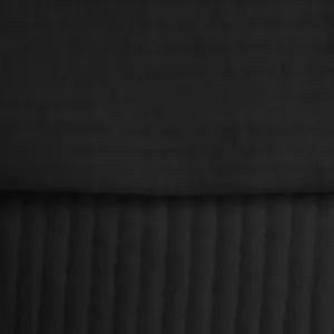 Detail shot of black men's jacket fabric showing ribbed texture and vertical stripes.