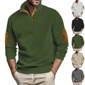 Men's Casual Stand Collar Long Sleeve Sweatshirt Slim Fit Jacquard Striped Pullover With Buttons And Elbow Patches