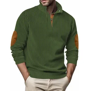 Men's green ribbed mock-neck long-sleeve sweater with elbow patches and half-zip.