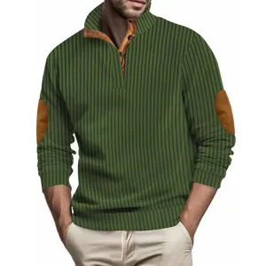 Men's green vertical striped stand collar long sleeve sweatshirt with elbow patches.