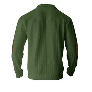 Men casual knitted jacket back detail, green stand collar long sleeve ribbed texture sweater.