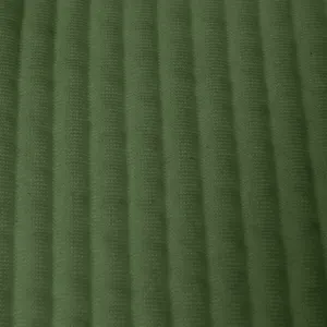 Close-up view of dark green jacquard striped ribbed fabric texture for men's casual apparel.
