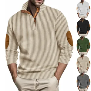Men's casual ribbed quarter-zip long sleeve sweater with elbow patches and stylish stand collar.