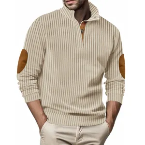 Men's casual slim fit stand collar long sleeve striped sweatshirt with elbow patches.