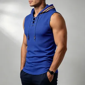 Men's waffle knit hooded sleeveless vest with contrast stripe trim and lace-up detail.