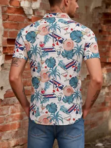 Men's tropical Hawaiian print short sleeve shirt, casual loose lapel holiday resort top detail.