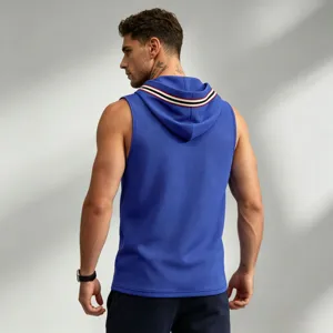 Men's blue waffle knit hooded sports vest with striped trim showing back view detail.
