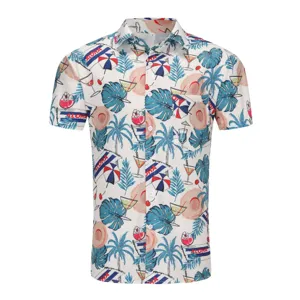 Men's Hawaiian tropical print short sleeve shirt detail view showing colorful vacation style design.