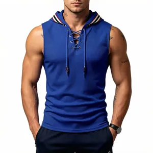 Men's waffle knit sleeveless hoodie athletic tank top with contrast stripe hood and lace-up front.