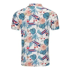 Detailed view of men's tropical Hawaiian shirt featuring vibrant palm trees and aloha print.