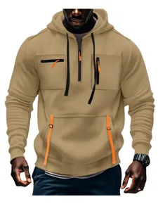 Felpa con cappuccio uomo felpata spessa casual mezza zip con tasche multiple pratiche.