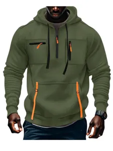 Felpa con cappuccio uomo spessa manica lunga casual con tasche e cerniere arancioni alla moda.