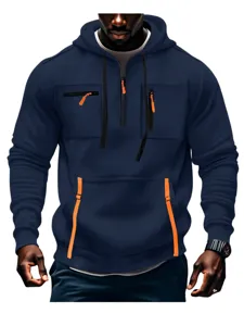 Felpa con cappuccio e zip da uomo, manica lunga spessa blu scuro casual, vista frontale.