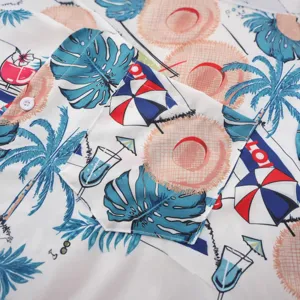 Close-up view of men's tropical Hawaiian print short sleeve casual shirt pocket design.