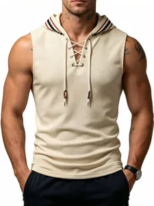 Men's waffle knit sleeveless hoodie with lace-up front and contrast stripe hood trim.