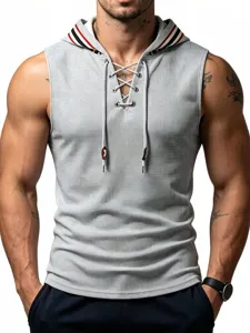 Men's grey waffle knit sleeveless hooded sports vest with lace-up front and striped hood.