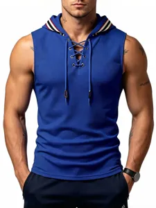 Men waffle knit sleeveless hoodie casual sportswear lace up hooded tank top summer